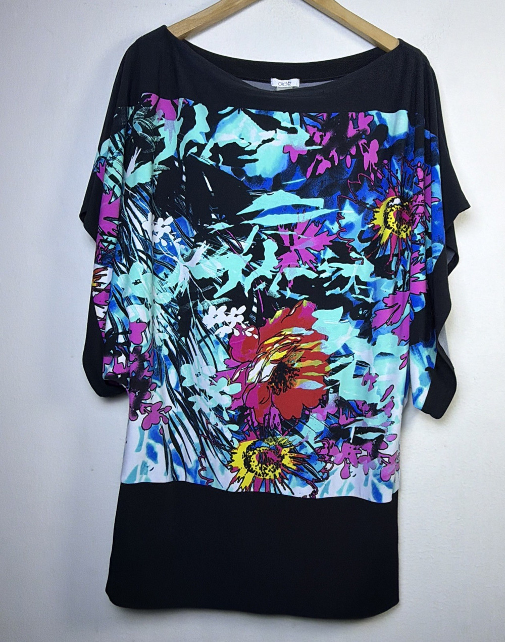 CACHÉ Womens black blouse flower medium artsy lagenlook abstract boho whimsygoth